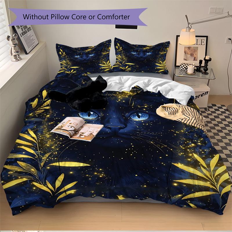 3pcs Midnight Black Cat Duvet Cover Set - Machine Washable, Includes 1 Cover and 2 Pillowcases, No Core Included Yy251013043