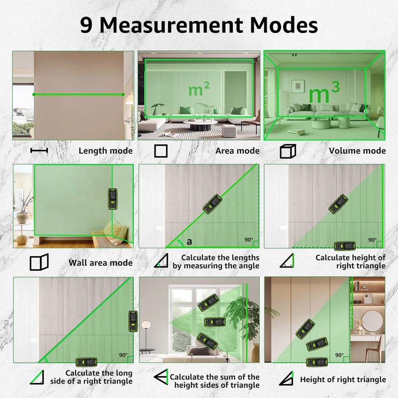 Huepar Dual Laser Rangefinder 120M/200M Green Beam Digital Laser Meter Multiple Unit Measurement Tool With Backlit LCD display