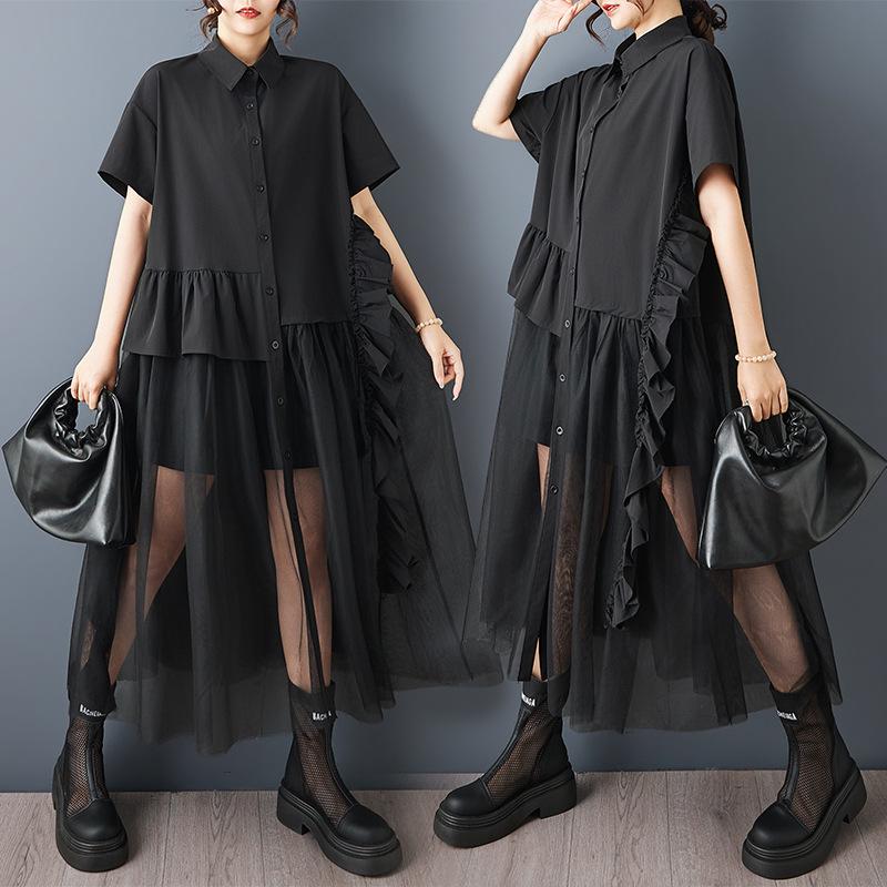 Summer Plus Size Mesh Splice Casual Short-Sleeve Shirt Dress Plus Size