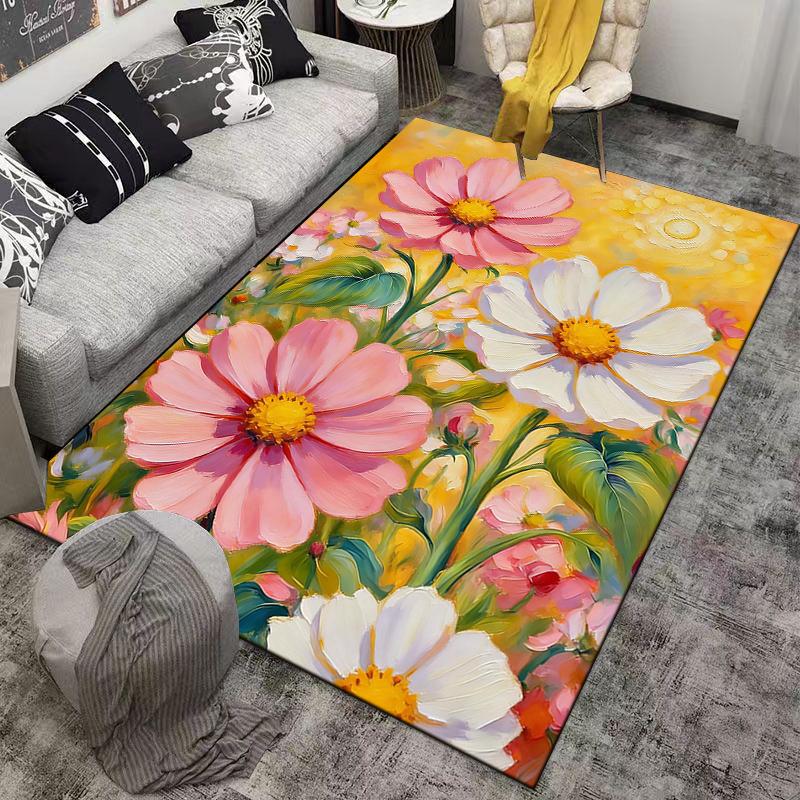 Colorful Floral Pattern Carpet with Pink and White Blossoms Design Suitable for use as an anti-slip for living room bedroom sofas