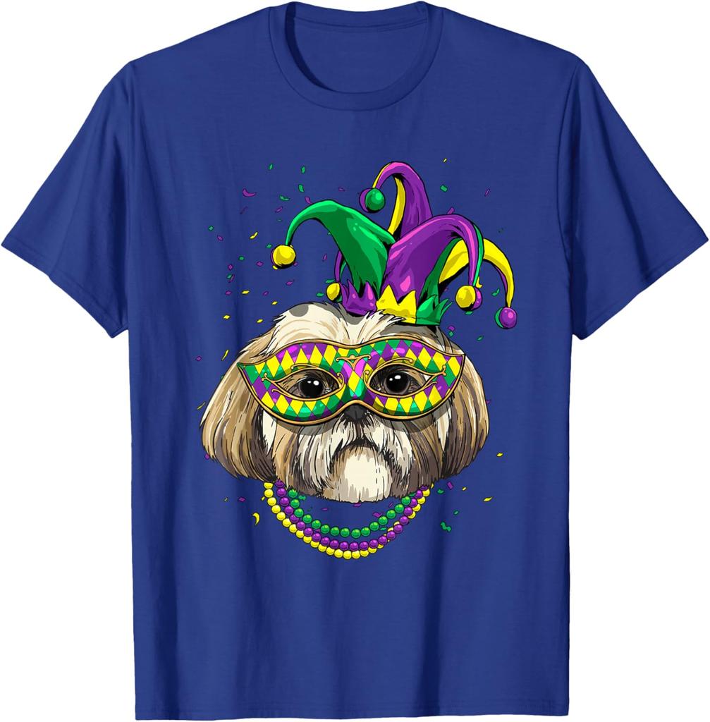 Shih Tzu Mardi Gras  Dog Graphic Tee Breathable Cotton Casual T-Shirt for Dog Lovers