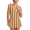 12153 European And American Autumn Women'S New Yarn-Dyed Striped Slim-Fitting Deep V-Neck Horn Long-Sleeved Hip-Wrapped Dress