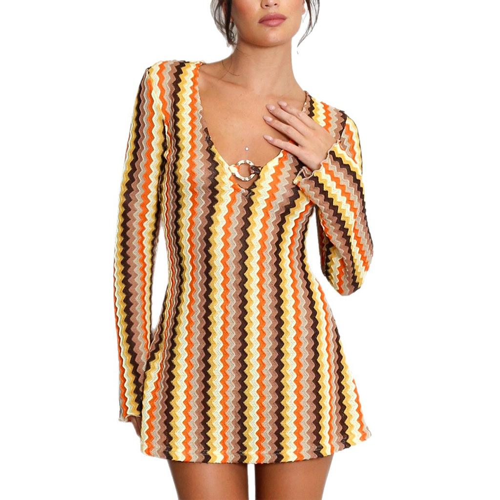 12153 European And American Autumn Women'S New Yarn-Dyed Striped Slim-Fitting Deep V-Neck Horn Long-Sleeved Hip-Wrapped Dress