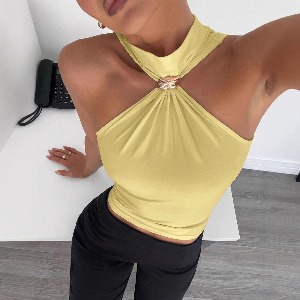 2025 Spring/Summer Women's High Neck Metal Ring Sleeveless Off-Shoulder Elastic Vest