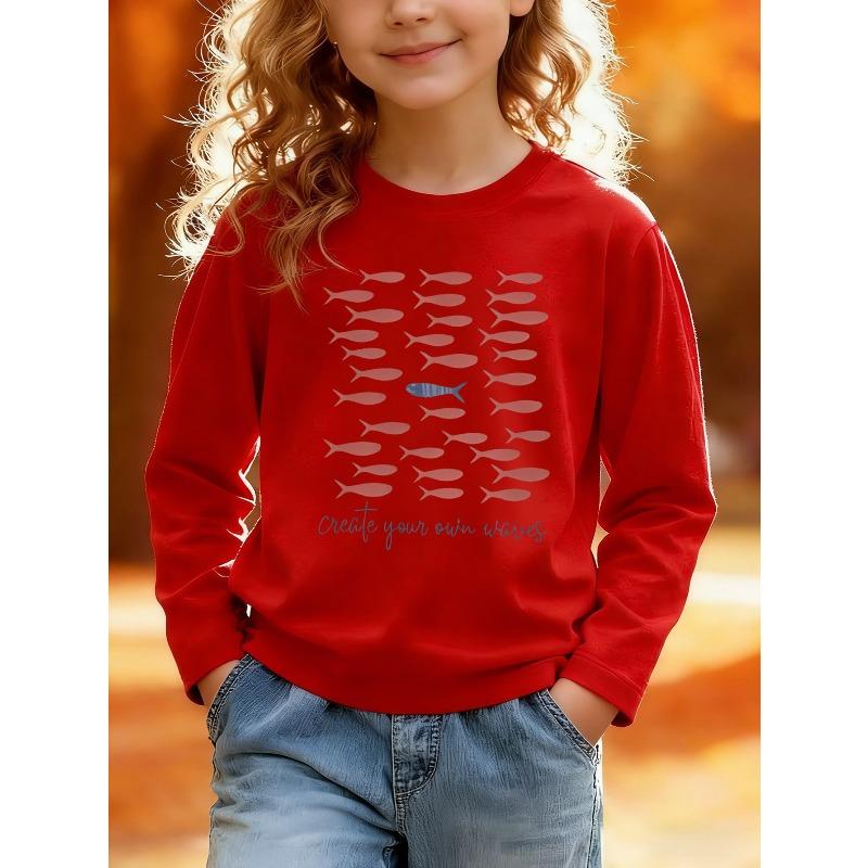 European sizes Long-Sleeved Top for Kids, Stylish Round-Neck Sweatshirt with a Fish Pattern And English Slogan, Cute Top Suitable for Casual Wear