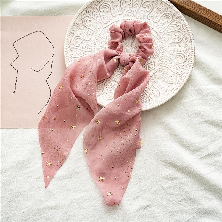 Fashion Print Bow Scrunchies Chiffon Elastic Hair Woman Bands Star Silk Hair Ties Ponytail Bow Design All-match Hair Accessories