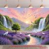 2D Plane Lavender Field Sunset Waterfall Banner Featuring Purple Lavender Flowers Living Room Decoration Polyester Fiber