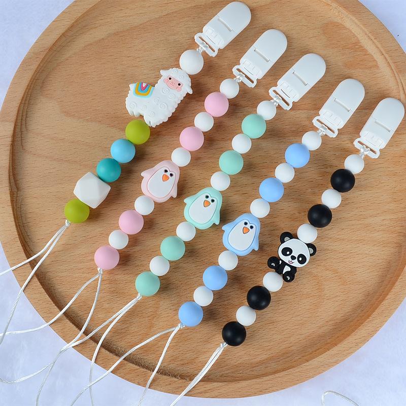Animal Pacifier Clip Set Alpaca Panda Penguin Doll Chain Anti-Loss Soother Holder with Silicone Teether