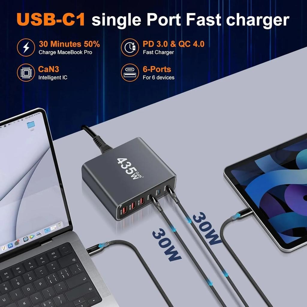 Desktop Charging Station 6 Port GaN USB C Charger 3 USB C 3 USB A Fast Charger for Laptop Tablet IPhone Android