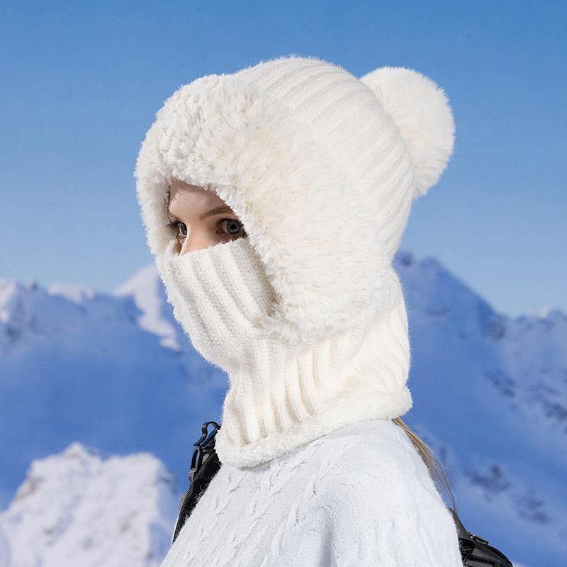 Women's Winter Knitted Hat with Scarf & Mask - Windproof, Plus Velvet, Warm Wool, Ideal for Cycling