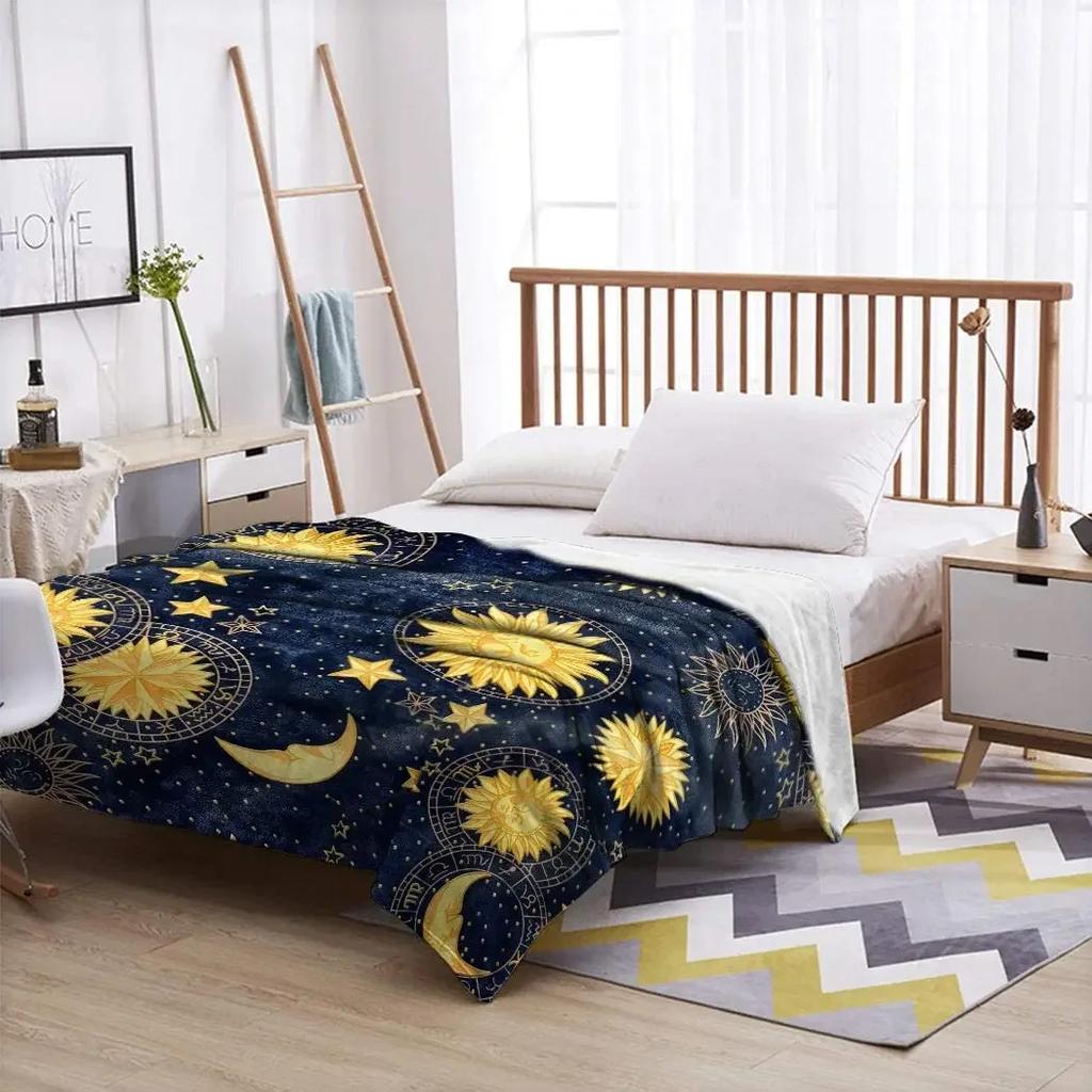 Flannel Throw Blankets Boho Chic Golden Sun Moon and Stars Blue Black Sky Antique Blankets Lightweight Soft Cozy Warm Blanket
