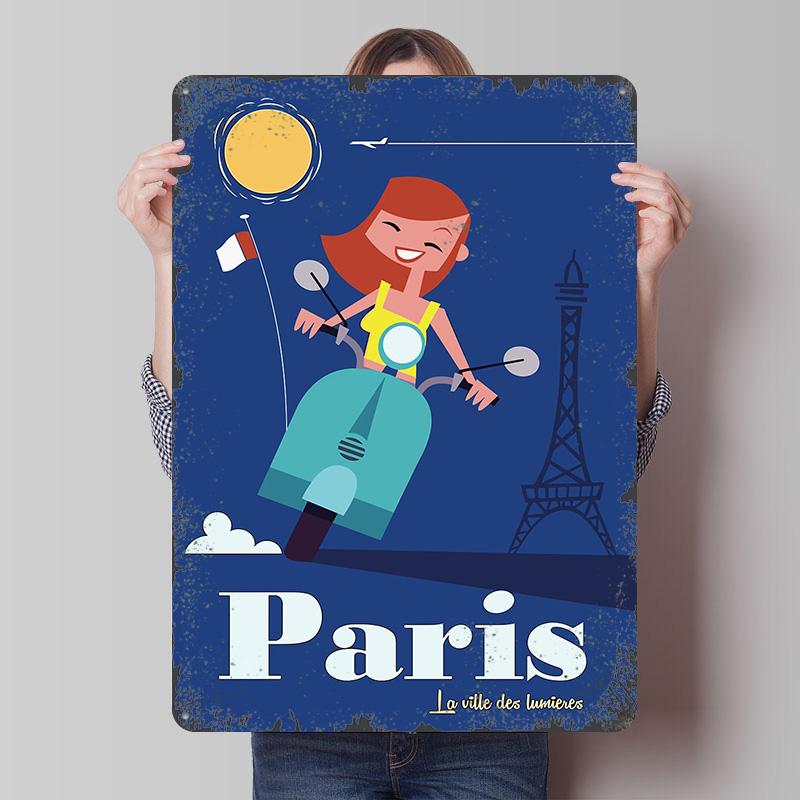 

Paris Travel With Scooter Poster Customized Wall Art Vintage Metal Signs Retro Tin Plaque for Man Cave Room Decor Men Wand Deko 7.9x11.8In(20x30cm)