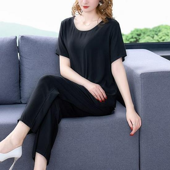 Summer Cotton Silk Women's Loose Two-Piece Set: Solid Color Short Sleeve Top and Long Pants, Plus Size Casual Wear.