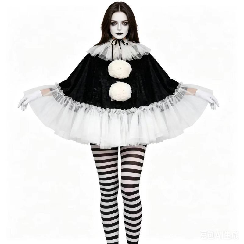 New Women Halloween Cosplay Costume Clown Pierrot Black White Lace Cape Poncho Suits Theme Party Role Playing Outfit for Adult