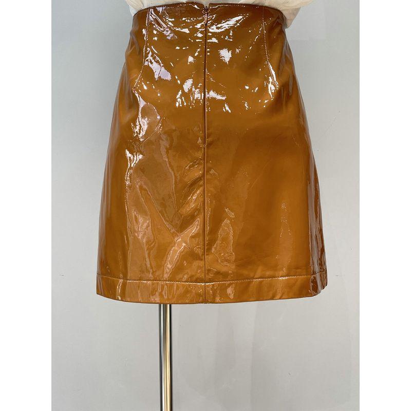 

Fall 2024 New Arrival Retro Autumn Color Elegant High Waist Pure Color Glossy Leather Skirt Short A- line Skirt Figure color M