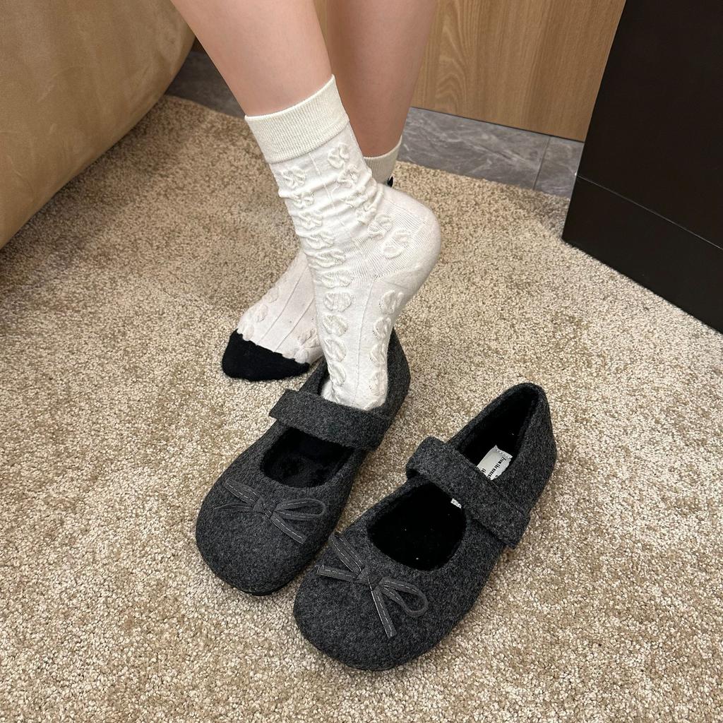 Bow gray fluffy shoes women wear in winter new woolen velvet single shoes flat bottom warm Mary Jane Doudou shoes