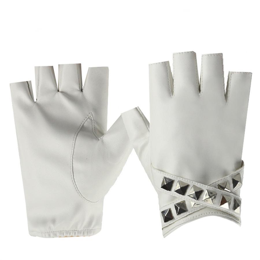 

Punk Pyramid Rivet Fingerless Gloves, PU Leather Half Finger Gloves for Cosplay & Biker L білий