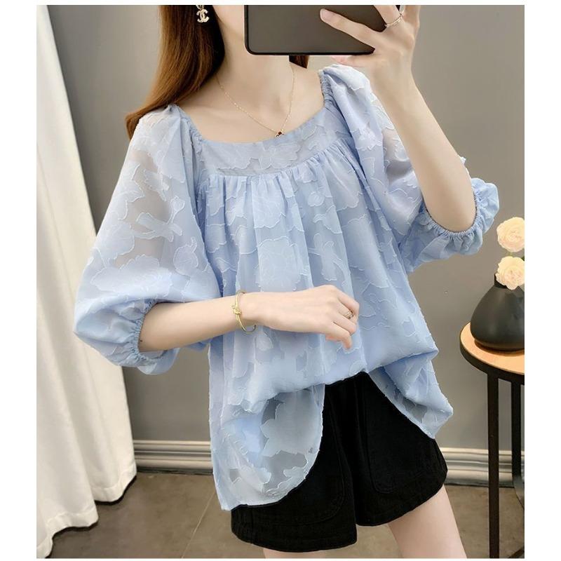 Trendy Summer Plus Size Chiffon Shirt Loose Bubble Sleeve Short Sleeve Top Hide Belly Flowy