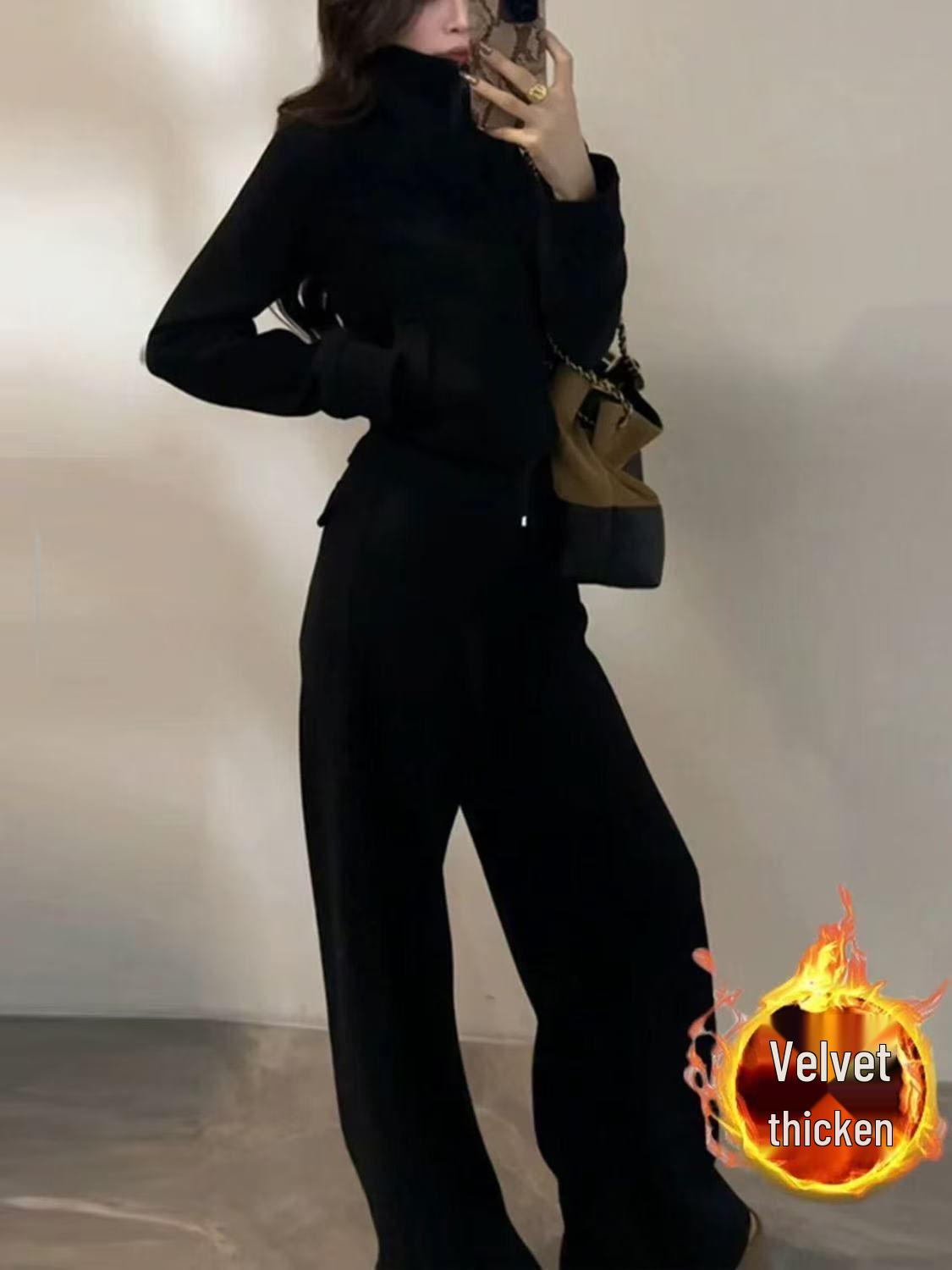 

Korean Style Women s Plush Casual Sports Suit - 2026 Autumn/Winter Two-Piece Set: Stand Collar Jacket & Wide Leg Pants Hoodie 2XL чёрный