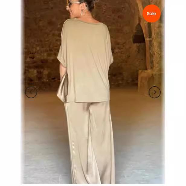 European and American 2024 V-Neck Short-Sleeve Casual Wide-Leg Pants Set