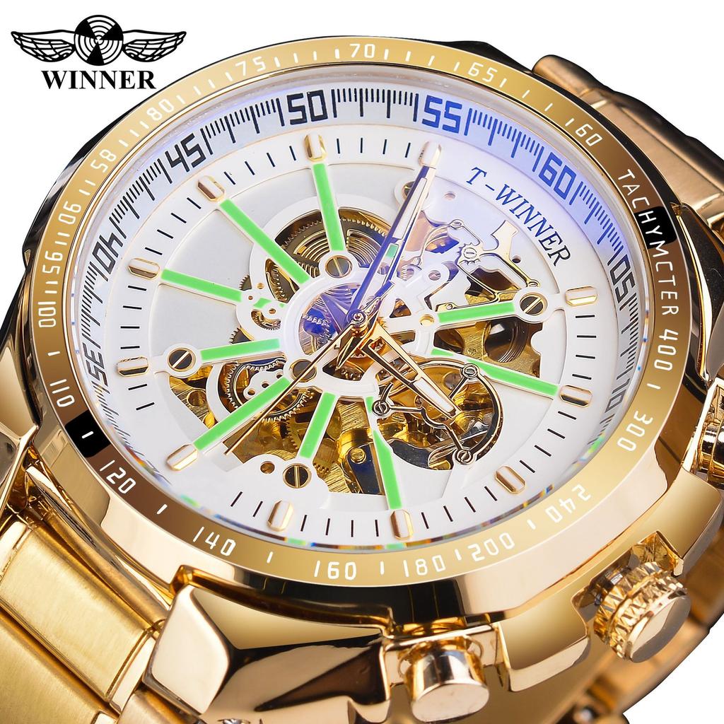 WINNER New Top Men's Watch Automatic Mechanical Strap Calendar Water Ghost Series Watch Silver Stainless Steel Waterproof Luminous