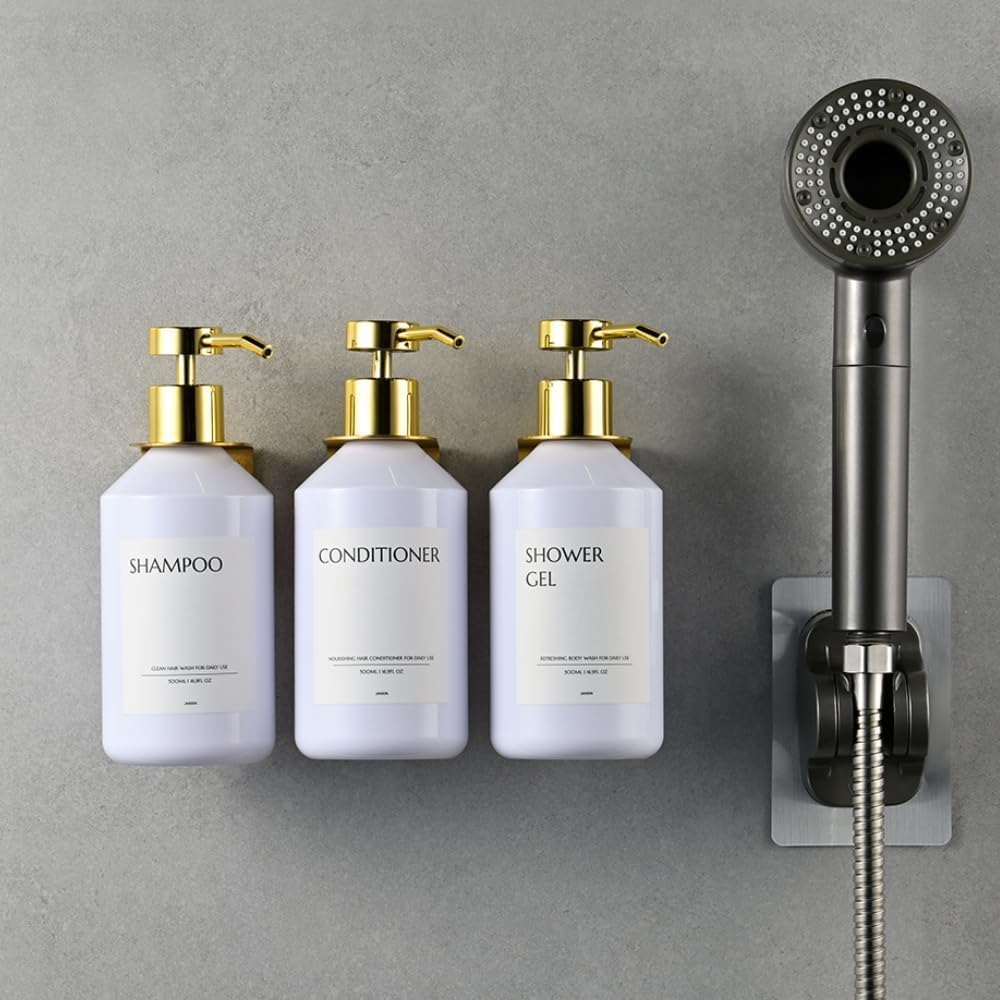 Shampoo and Conditioner Dispenser Set of 3 for Wall Mount,16.9 fl oz Drill Free Shower Soap Bottles with Labels,Refillable Body Wash Dispensers for