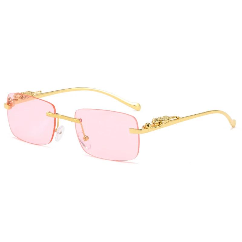 Vintage Rimless Square Sunglasses Women Men Luxury Brand Designer Popular Travel Driving Metal Leopard Head Sun Glasses Uv400