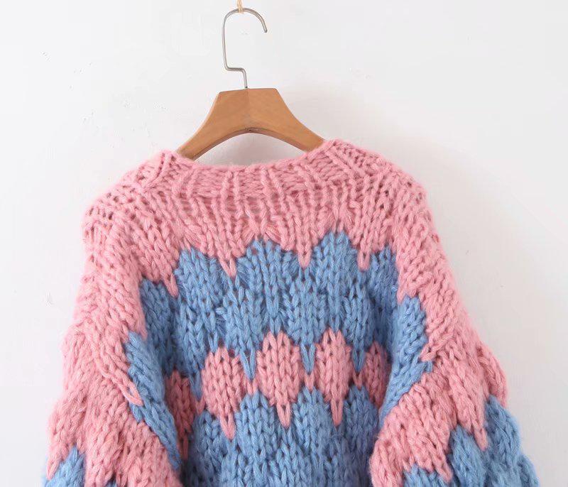 European Color Block Wave Pattern Chunky Knit Lantern Sleeve Cardigan for Autumn/Winter Women.