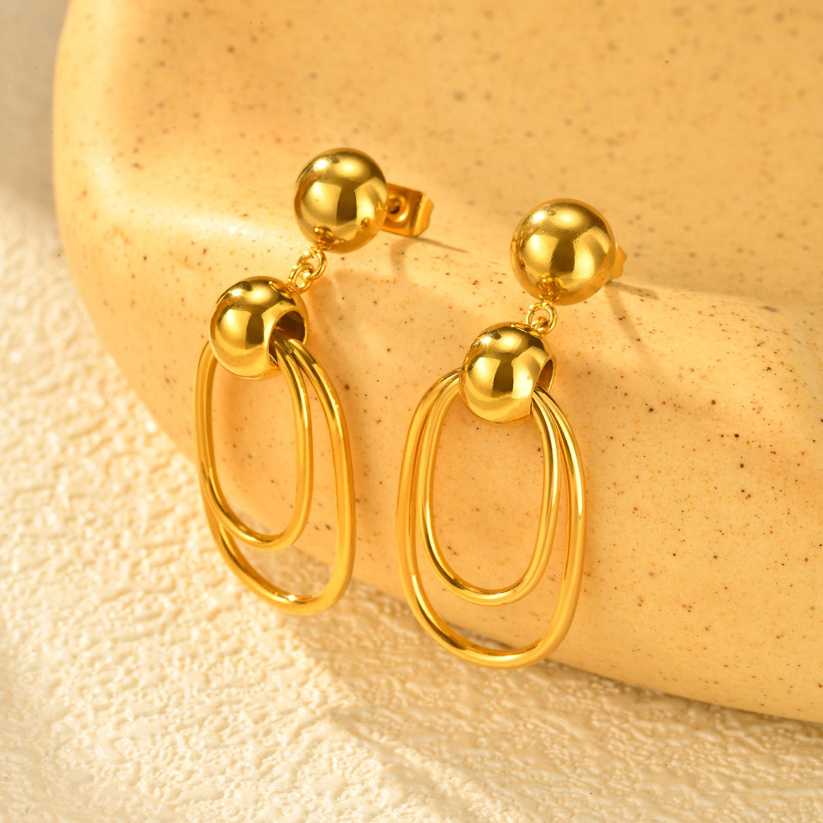 

Retro Double Layer Elliptical Coil Bead Drop Earrings for Women, Geometric Stainless Steel Earrings, Vintage Fashion Jewelry