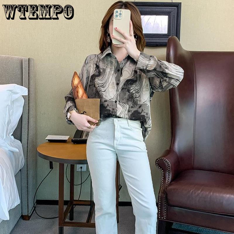 Spring and Autumn Women's Shirt Lapel Shirt Loose Vintage Tie-dyed Shirt Long-sleeved Printed Chiffon Shirt