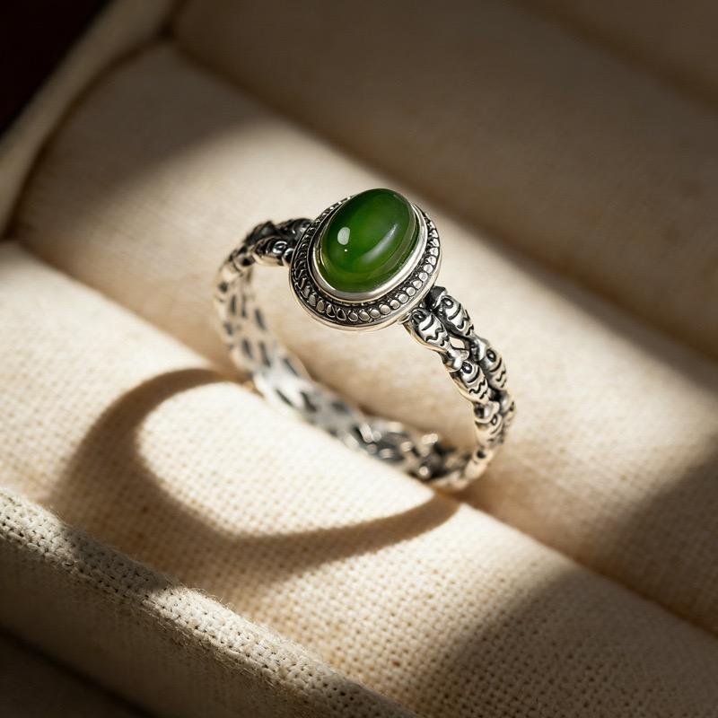 

BF CLUB 925 Sterling Rings for Women Simple Geometric Handmade Irregular Retro Green Stone Ring Allergy For Birthday Gift resizable
