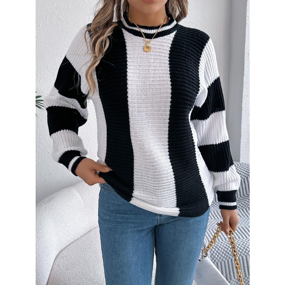 Fashionable Women's Hoodie: Casual Contrast-Striped Lantern-Sleeve Pullover Knitwear