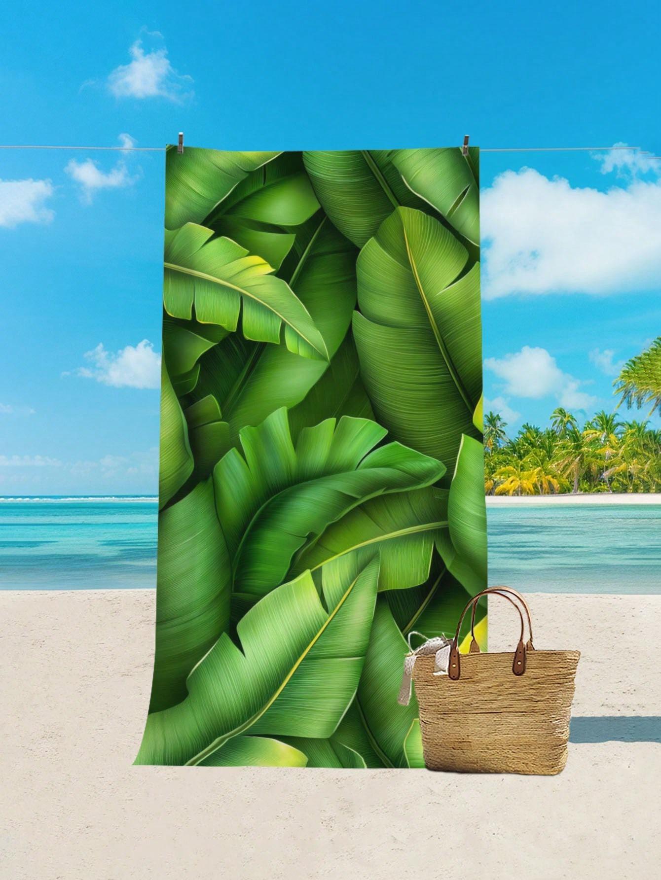 

Light Blue Marble And Large Coconut Leaf Printed Beach Towel, Anti Sand High Absorbency Quick Drying Towel, Essential For Diving W40*H60(CM)