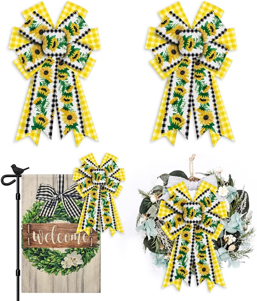 

2 шт. Банты для венка подсолнуха Бело-желтые банты в клетку Буффало Весенне-летние банты для входной двери Мешковинный бант для декора внутри и снаружи 12.99 x 8.46 in