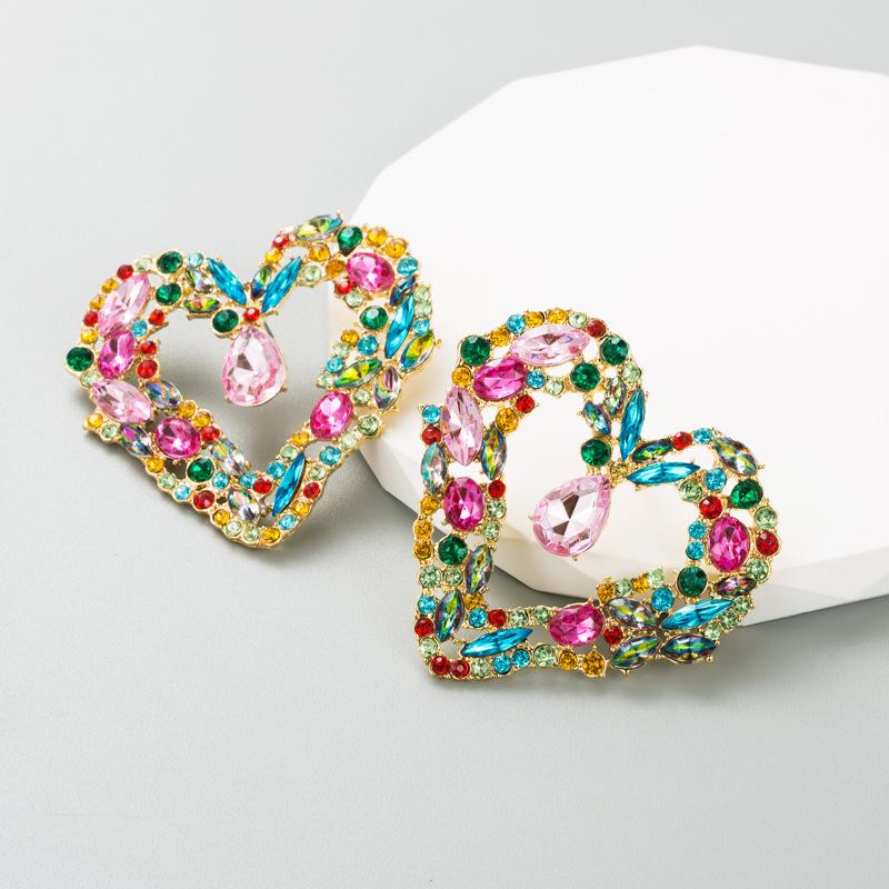 Women's Stud Earrings Creative Love Alloy Electroplated Colored Rhinestones Personalized Exaggerated Earrings