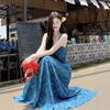 Holiday wind blue floral suspender dress women's summer French waist long dress design sense gentle a word skirt