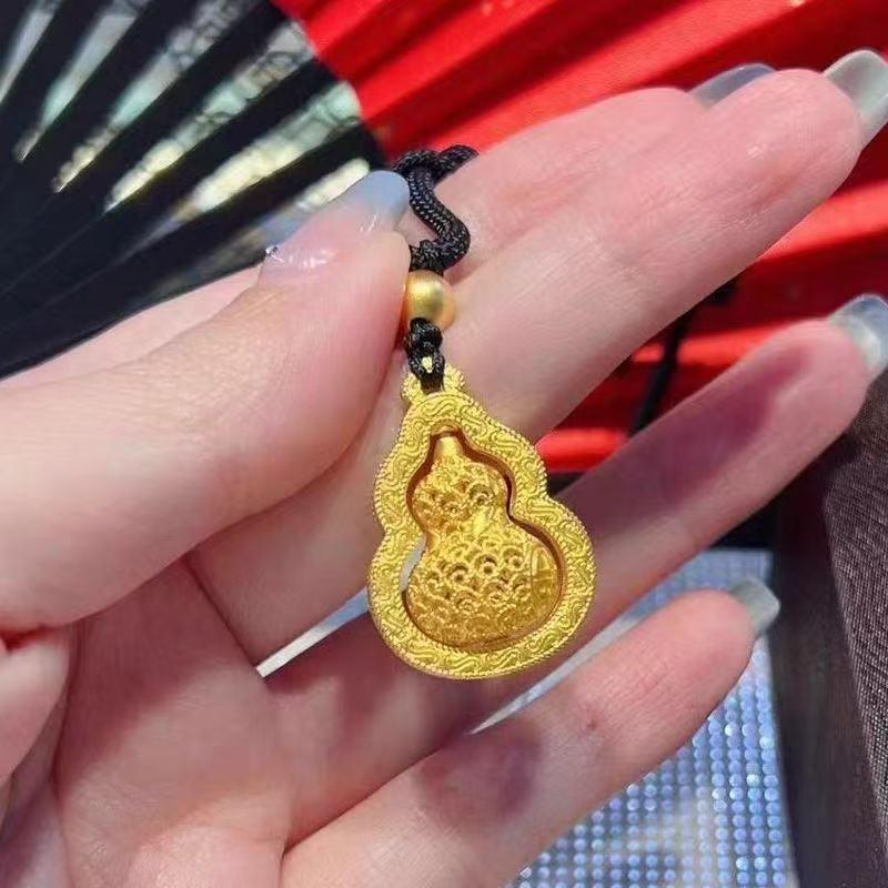 

Elegant Black Rope Necklace with Rotatable Golden Gourd Pendant - Chinese Style Hollow Fu Pendant for Women