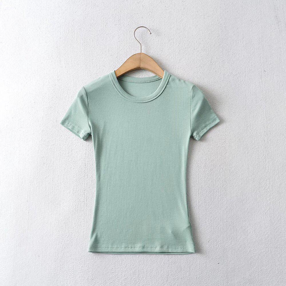 Europäisches und amerikanisches Damen-T-Shirt mit einfarbigem Slim-Fit-Retro-Kurzarm