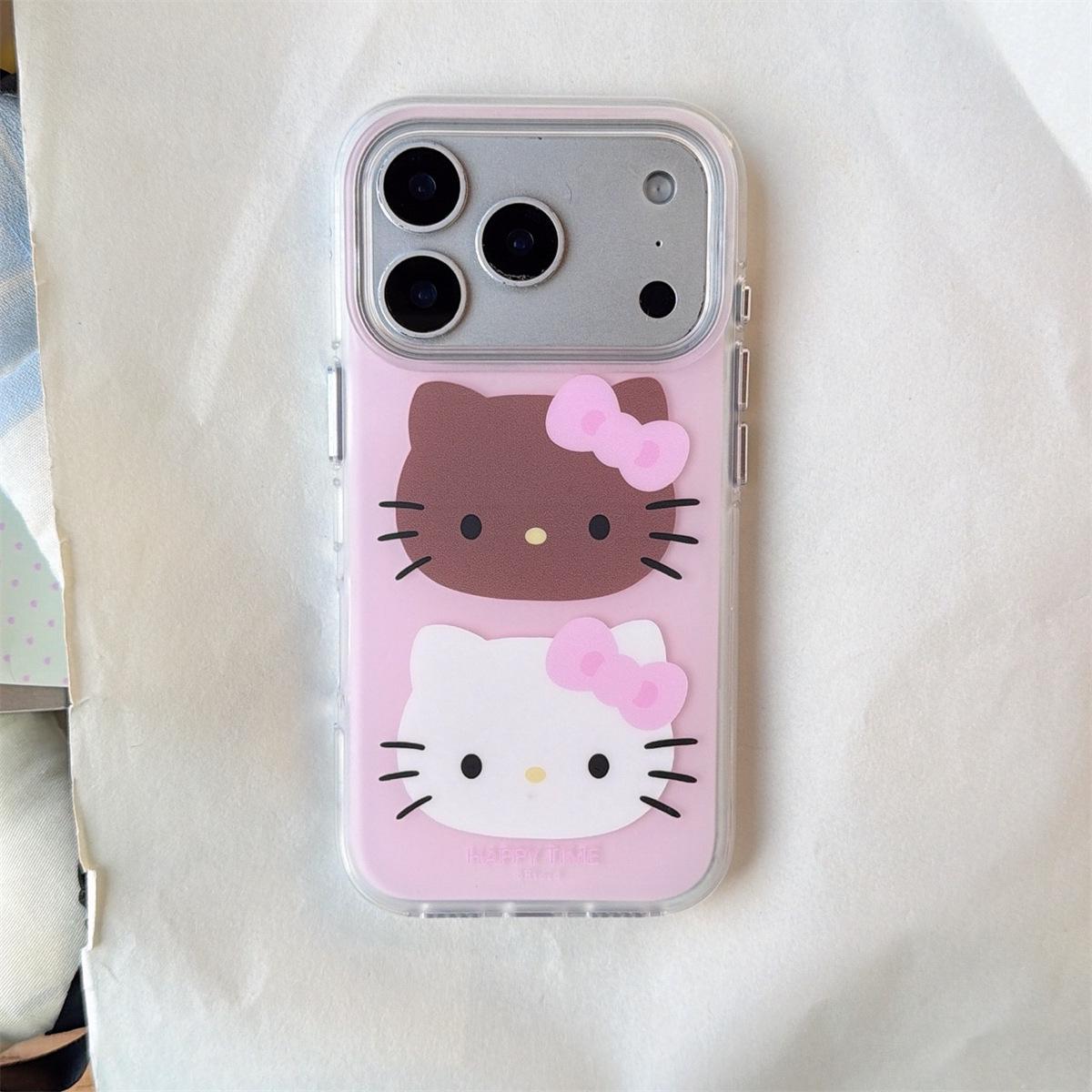 

Cartoon Round Edge Pink & Black KT Cat Phone Case for iPhone 14/13/ProMax - Anti-fall Protection 15Pro Max