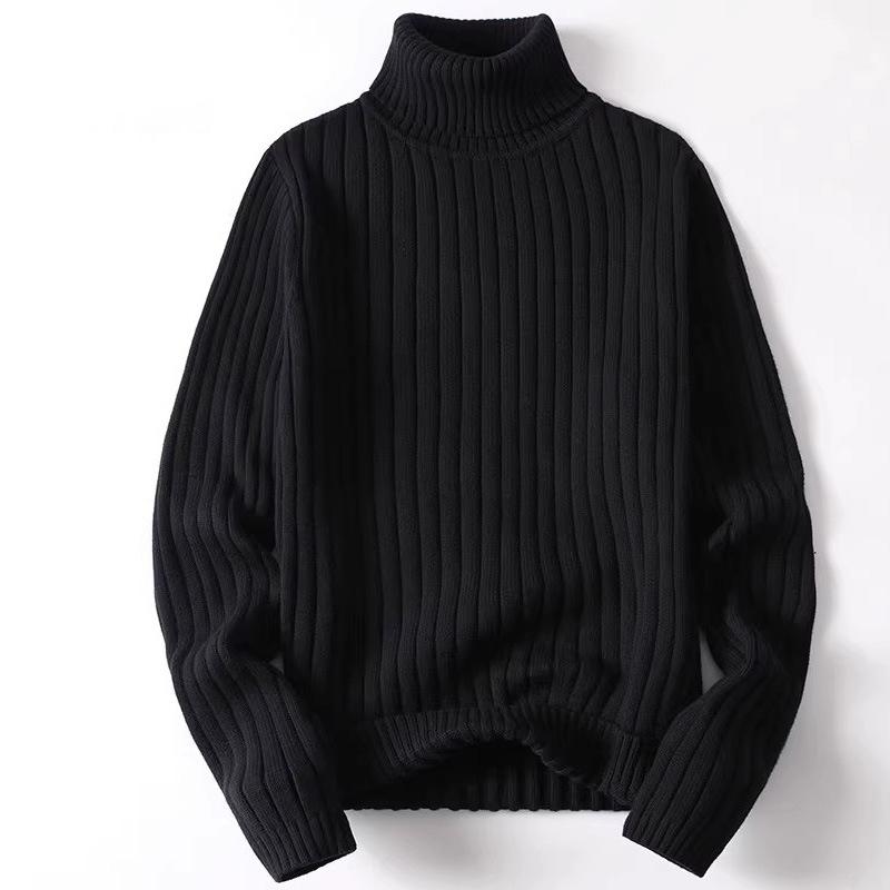 Men Solid Vertical Ribbed Turtleneck Long Sleeve Knit Sweater