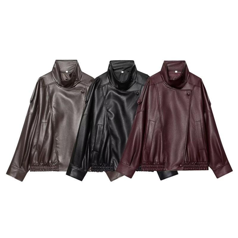 Womens Faux Leather Jacket Casual Loose Fit Square Collar Zip Up Coat