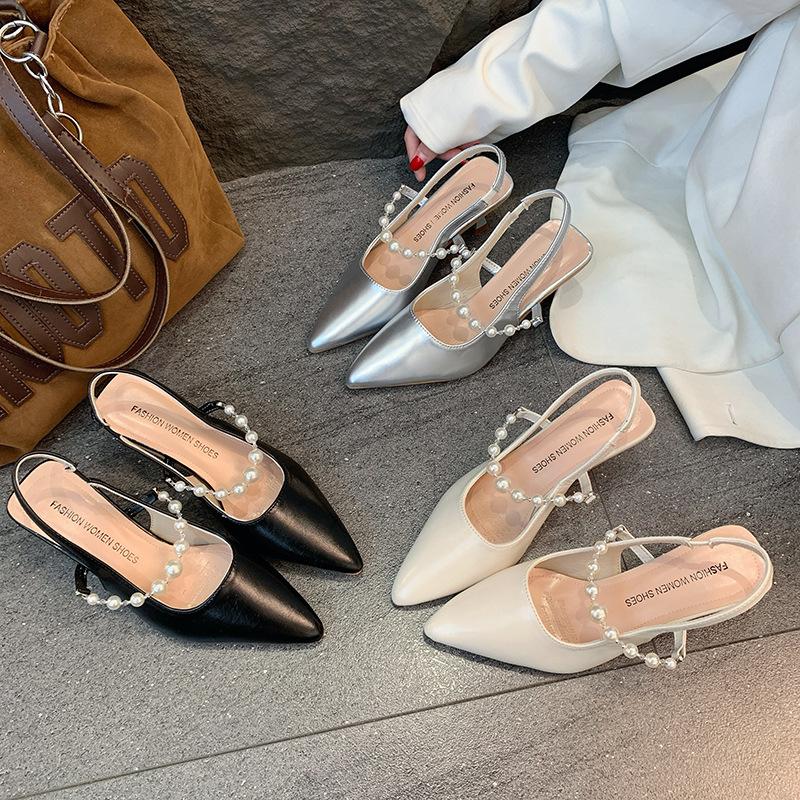Women's high-heeled single shoes, pearl sandals, women's 2025 summer outer wear, thin-heeled bag headband, and empty high heels.