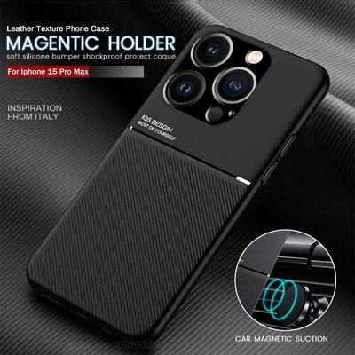 iPhone 16 Pro Max 15 14 Plus 13 12 Mini için Lüks Deri Kılıf Dahili Metal Plaka Araç Tutucu Desteği Manyetik Kılıf