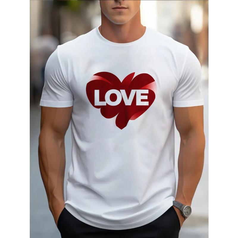European sizes Men'S T-Shirt with Heart Design And 'LOVE' Slogan, a Short-Sleeved Adult Tee Featuring Love Prints