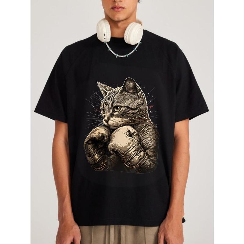 Black T Shirt Boxer Cat Graphic Print Casual Streetwear Fashion Men's Top
