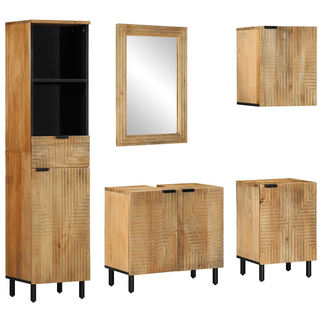5 Piece Bathroom Furniture Set Brown Solid Mango Wood
