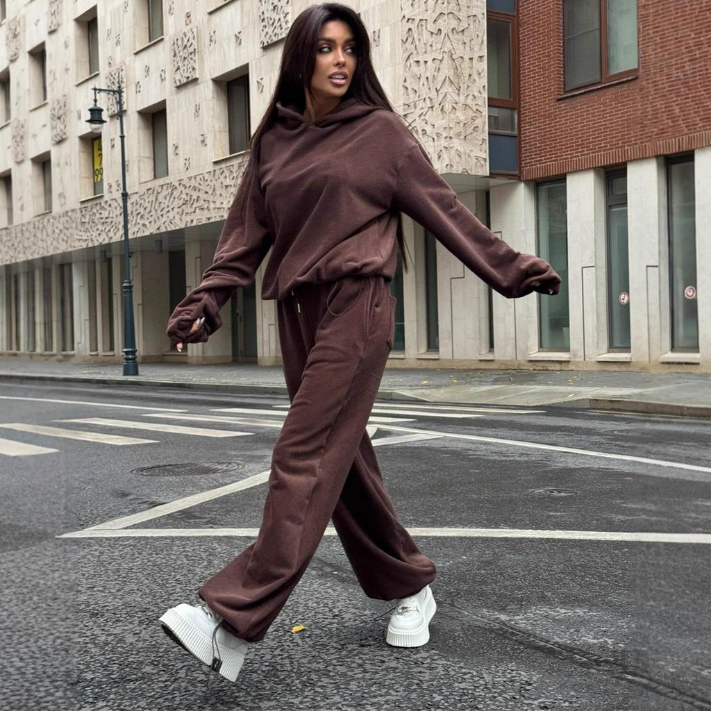 European and American casual fleece suit women's solid color long-sleeved hooded loose sweater lace-up pants two-piece set