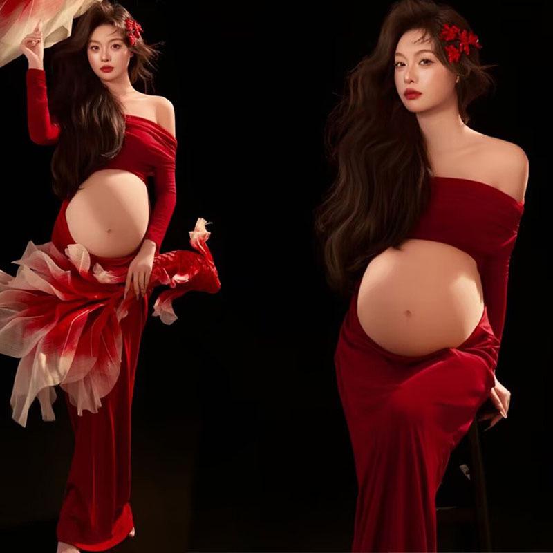 Maternity Belly Photoshoot Chic Indoor Chinese Festive Artistic Photography Outfit One Size