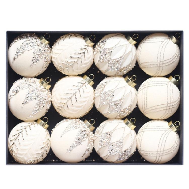 

12pcs Elegant Holiday Display Ornament Traditional Flocking Christmas Sphere Ornament Festival Tree Decorations бежевий