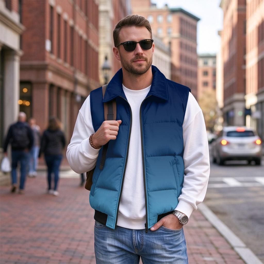 Men's Casual Loose Fit Padded Vest Zip Front Lapel Collar with Pockets Gradient Print Sleeveless Jacket